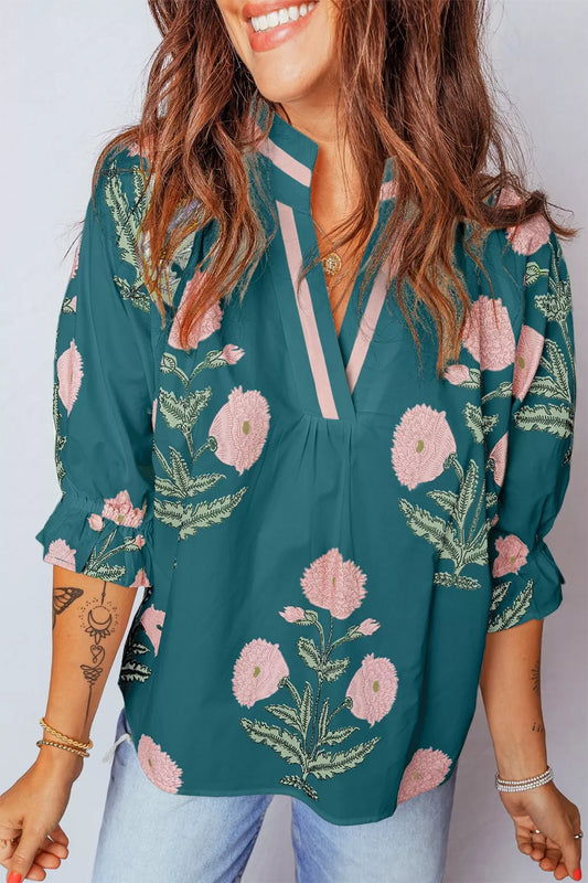 Women floral embroidery blouse notched neck top