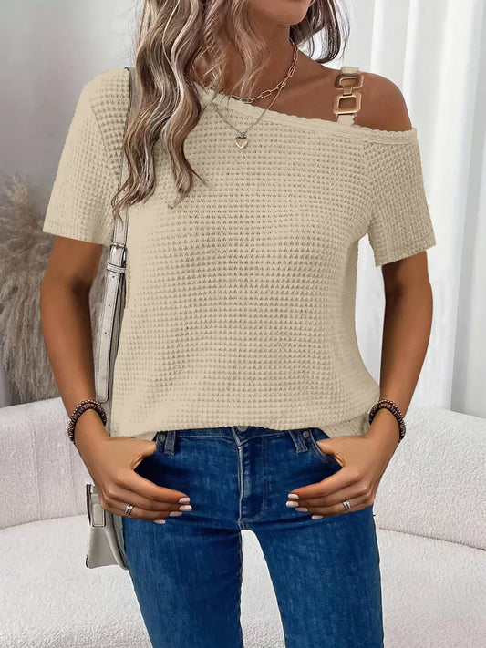 One shoulder chain detail waffle knit t shirt for women Elluxora