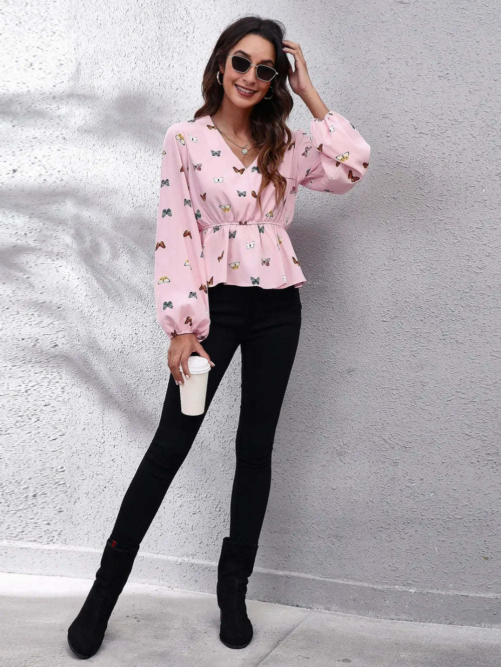 Women fashion butterfly blouse balloon sleeve peplum Elluxora