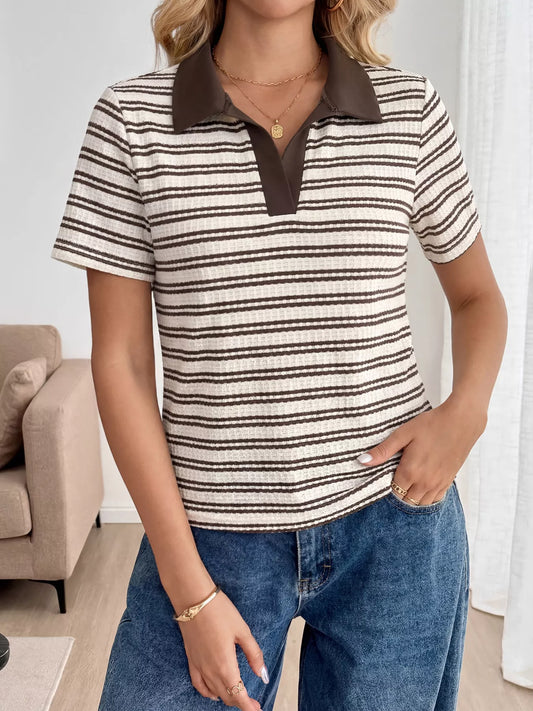 Striped polo collar short sleeve top for women Elluxora