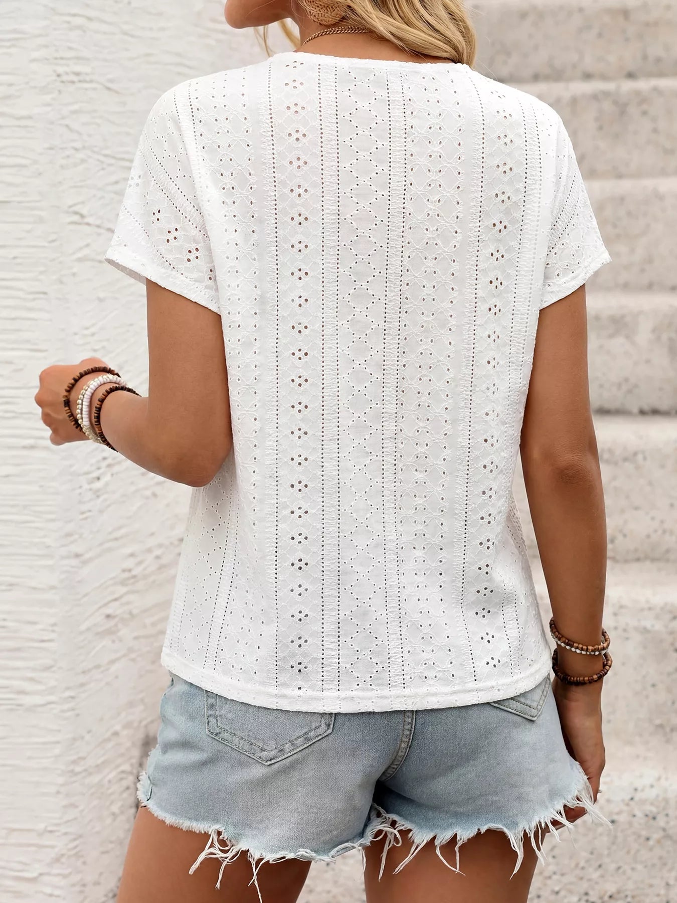 Trendy women blouse eyelet fabric v neck short sleeve style