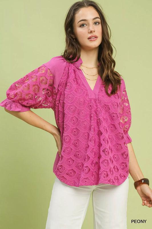 Umgee linen v neck lace puff sleeve blouse women summer Elluxora