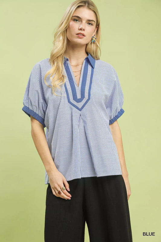 Umgee contrast trim popover stripe top for women casual chic Elluxora