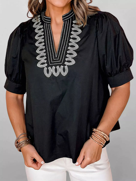 Embroidered puff sleeve blouse women notched neckline Elluxora