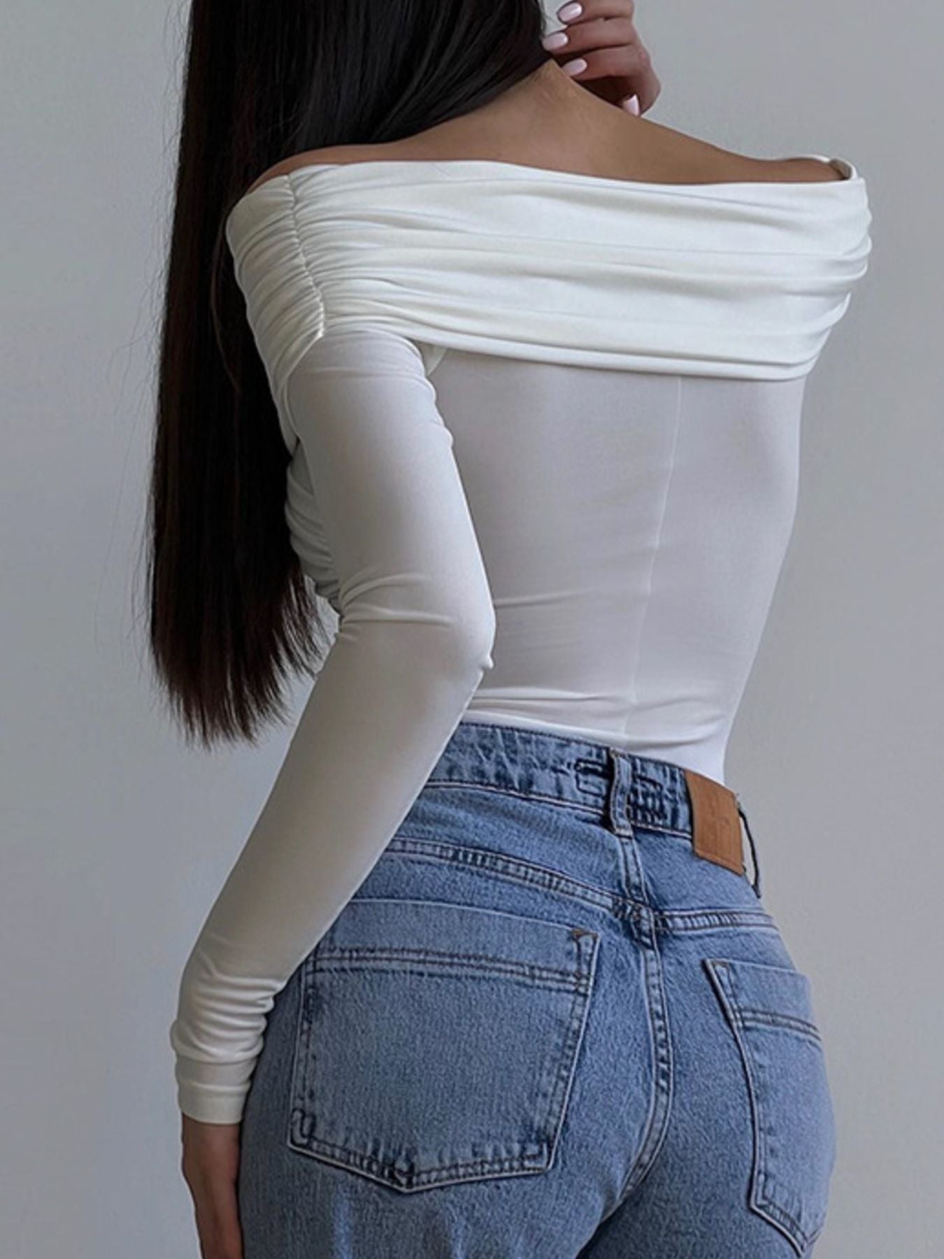 Women fashion bodysuit off-shoulder ruched long sleeve Elluxora