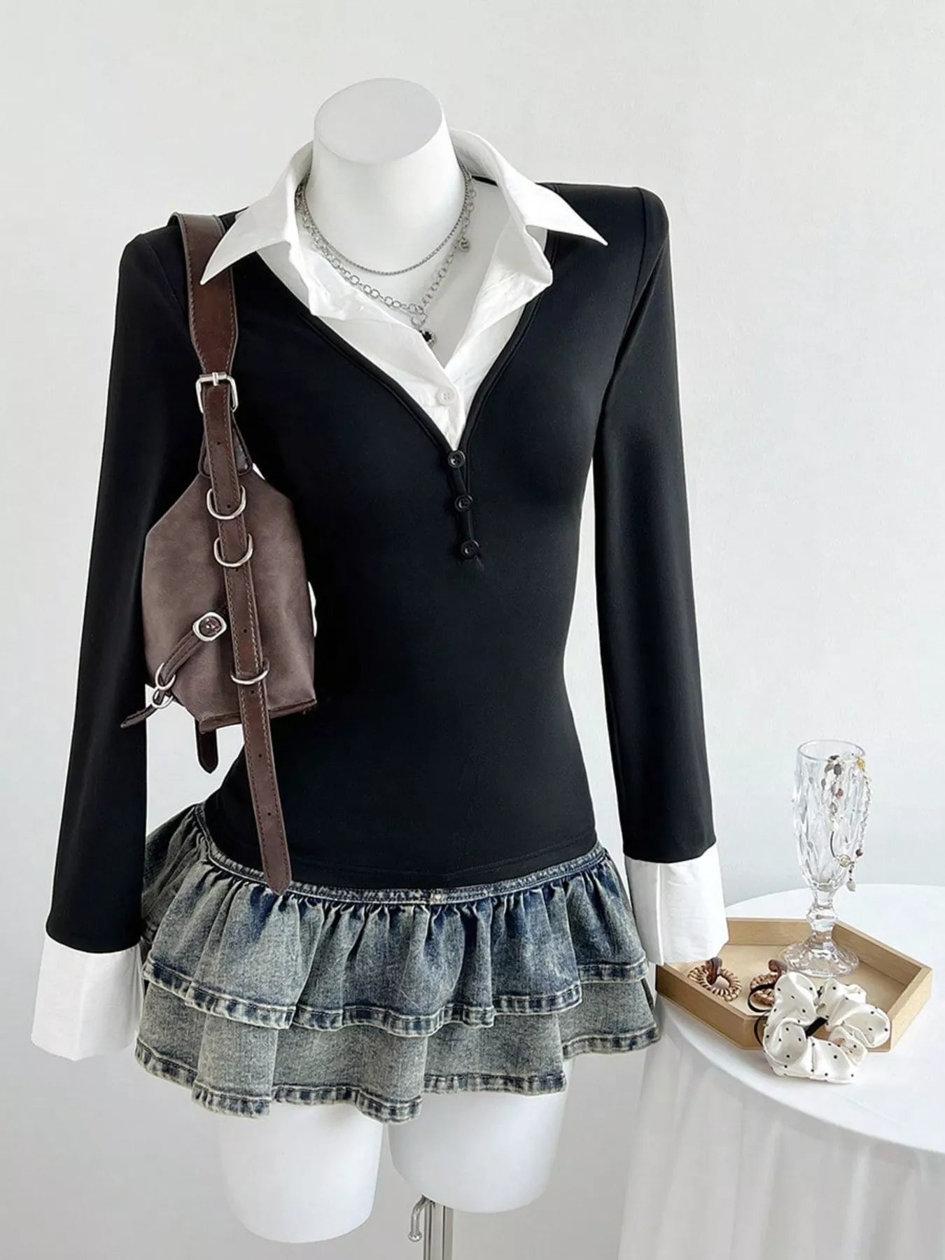 Stylish long sleeve t shirt women slim fit polo collar look