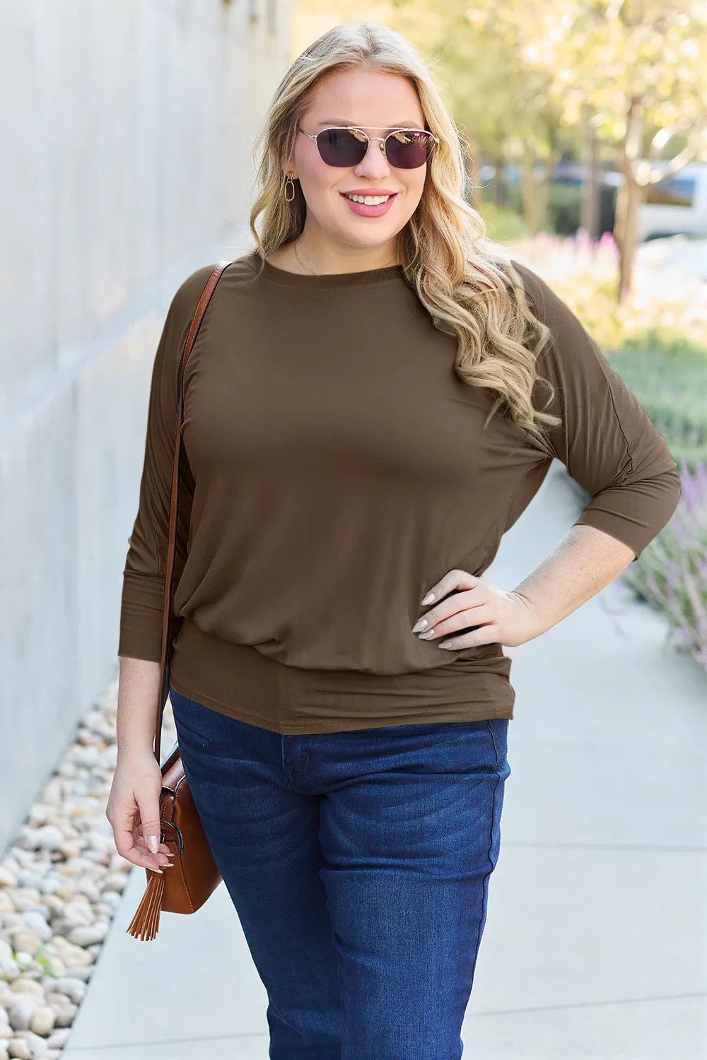 Casual women top Basic Bae batwing sleeve round neck full size