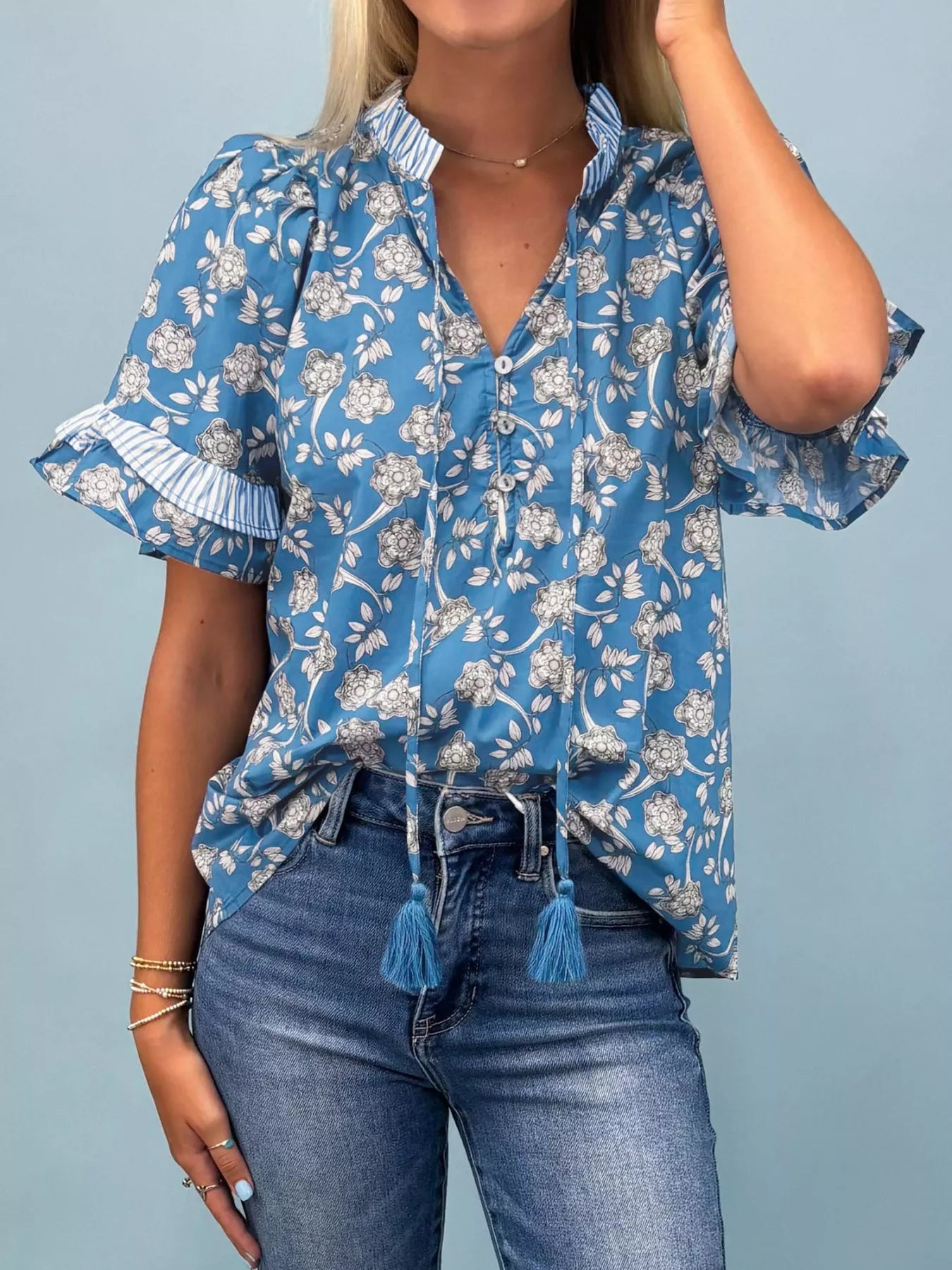 Women floral print blouse ruffle sleeve cotton top Elluxora 