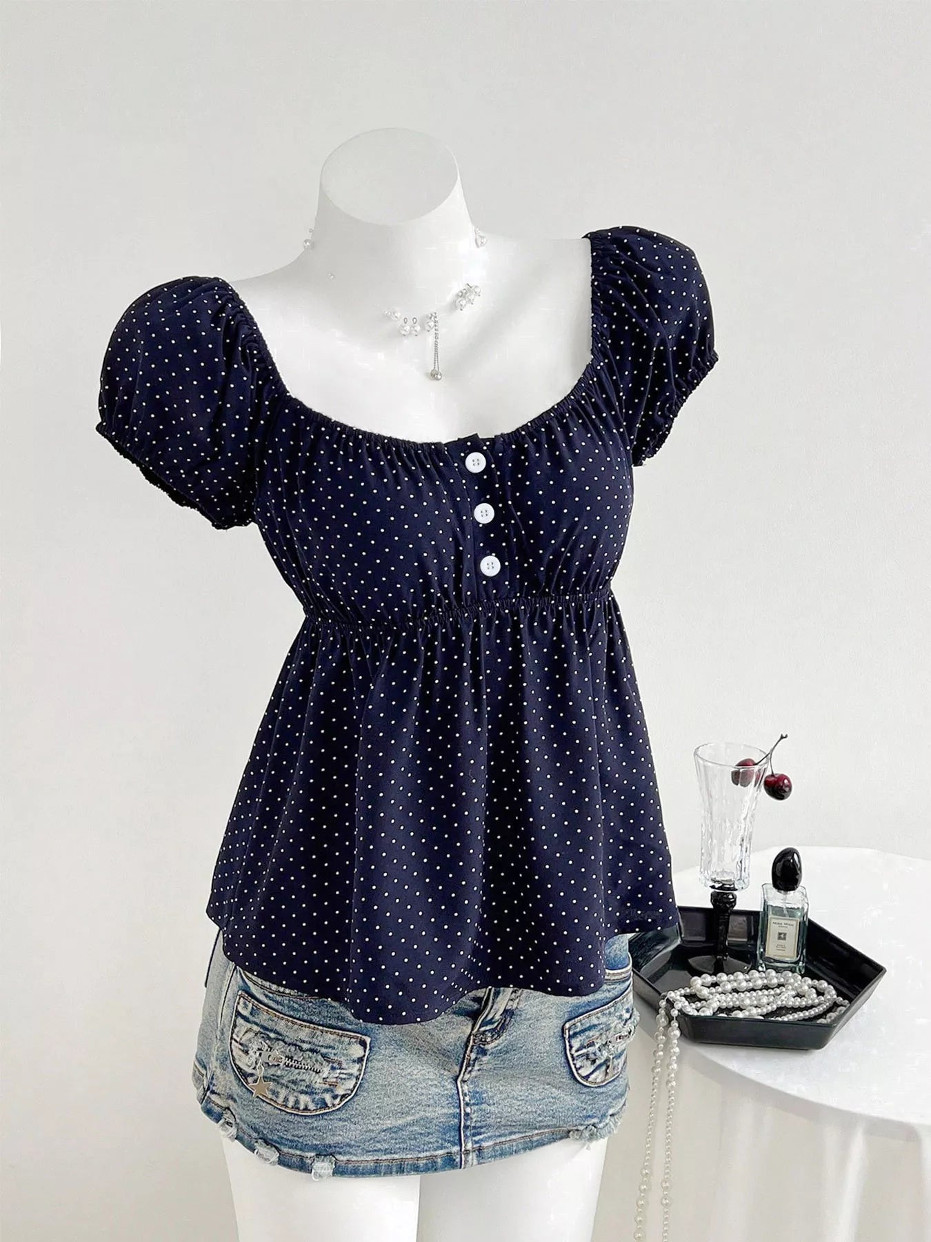 Casual women blouse polka dot pattern short sleeve chic top 