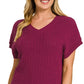 Women Zenana cropped sweater textured knit v neck cotton pullover Elluxora