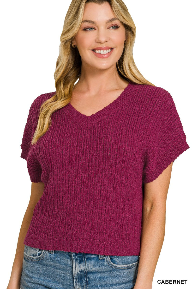 Women Zenana cropped sweater textured knit v neck cotton pullover Elluxora