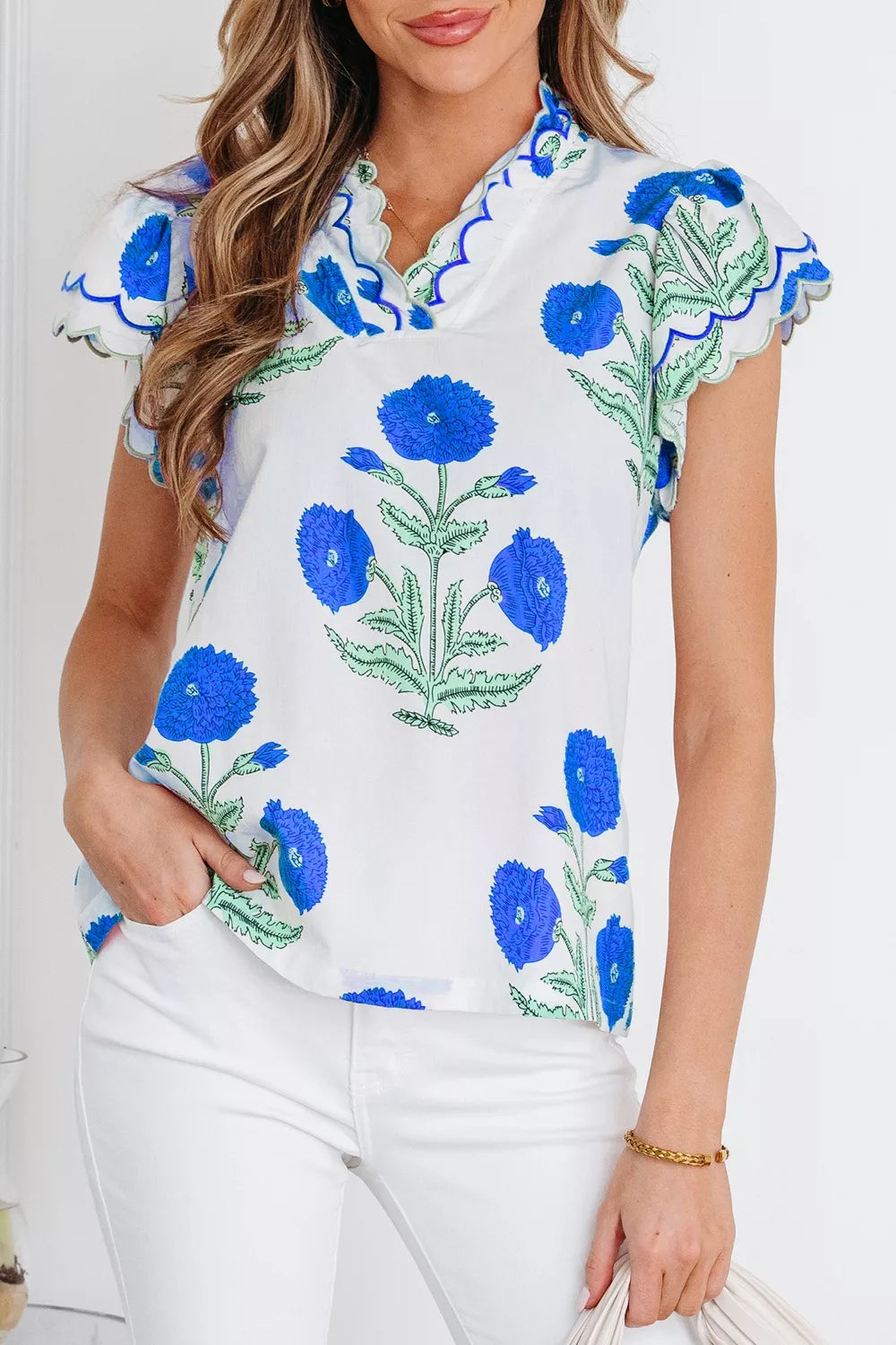 Women layered blouse v neck contrast scallop trim design Elluxora