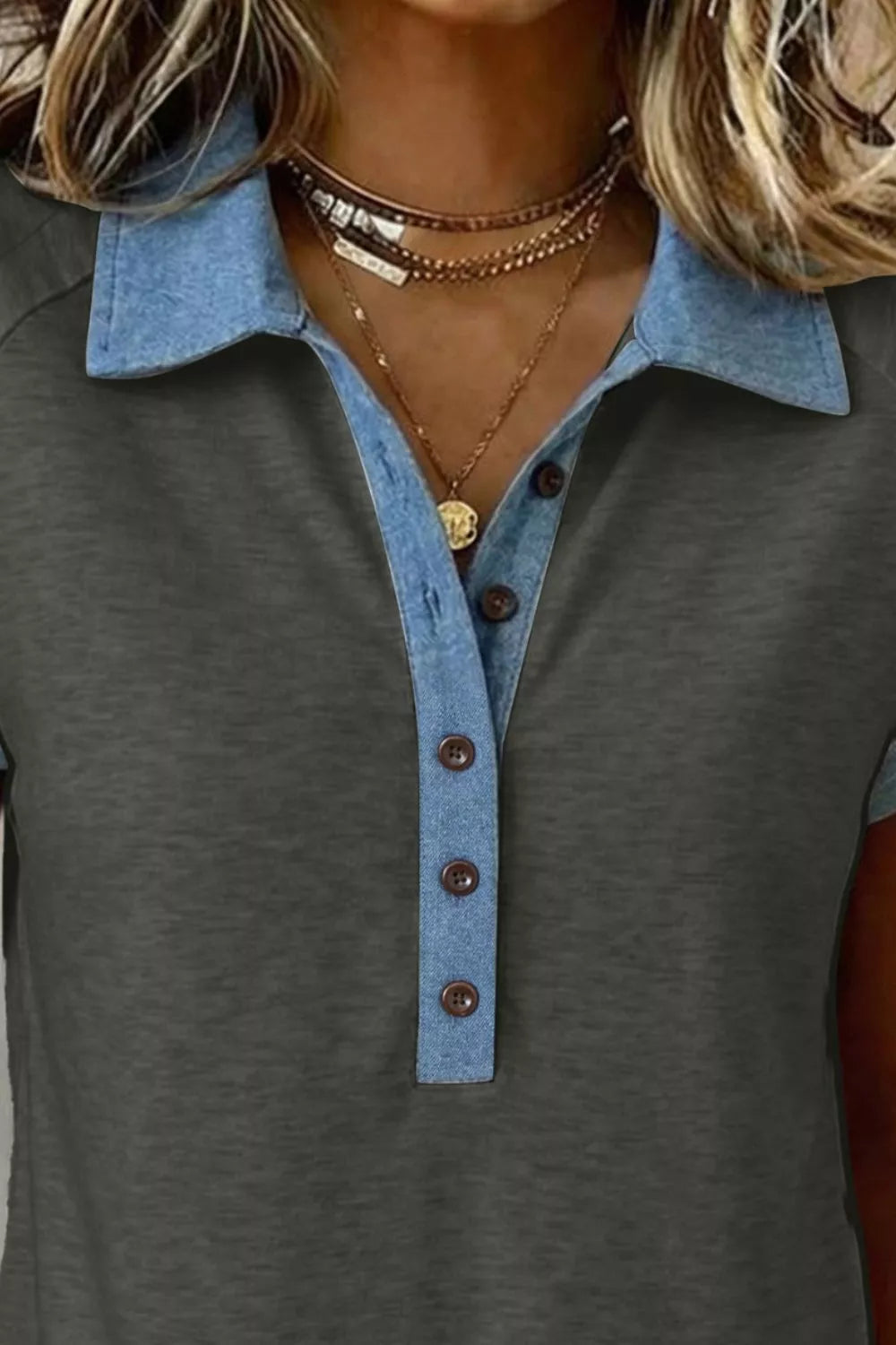 Women color block tee polo neck sequin star patriotic design