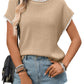Casual women sweater ribbed knit top contrast trim short sleeve