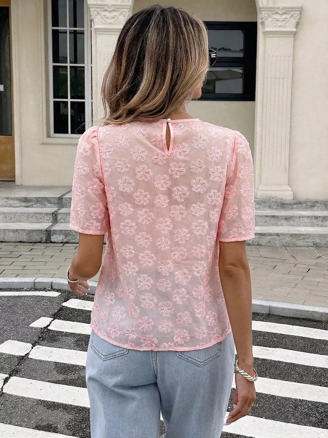 Women modern floral embroidered blouse pearl trim elegant
