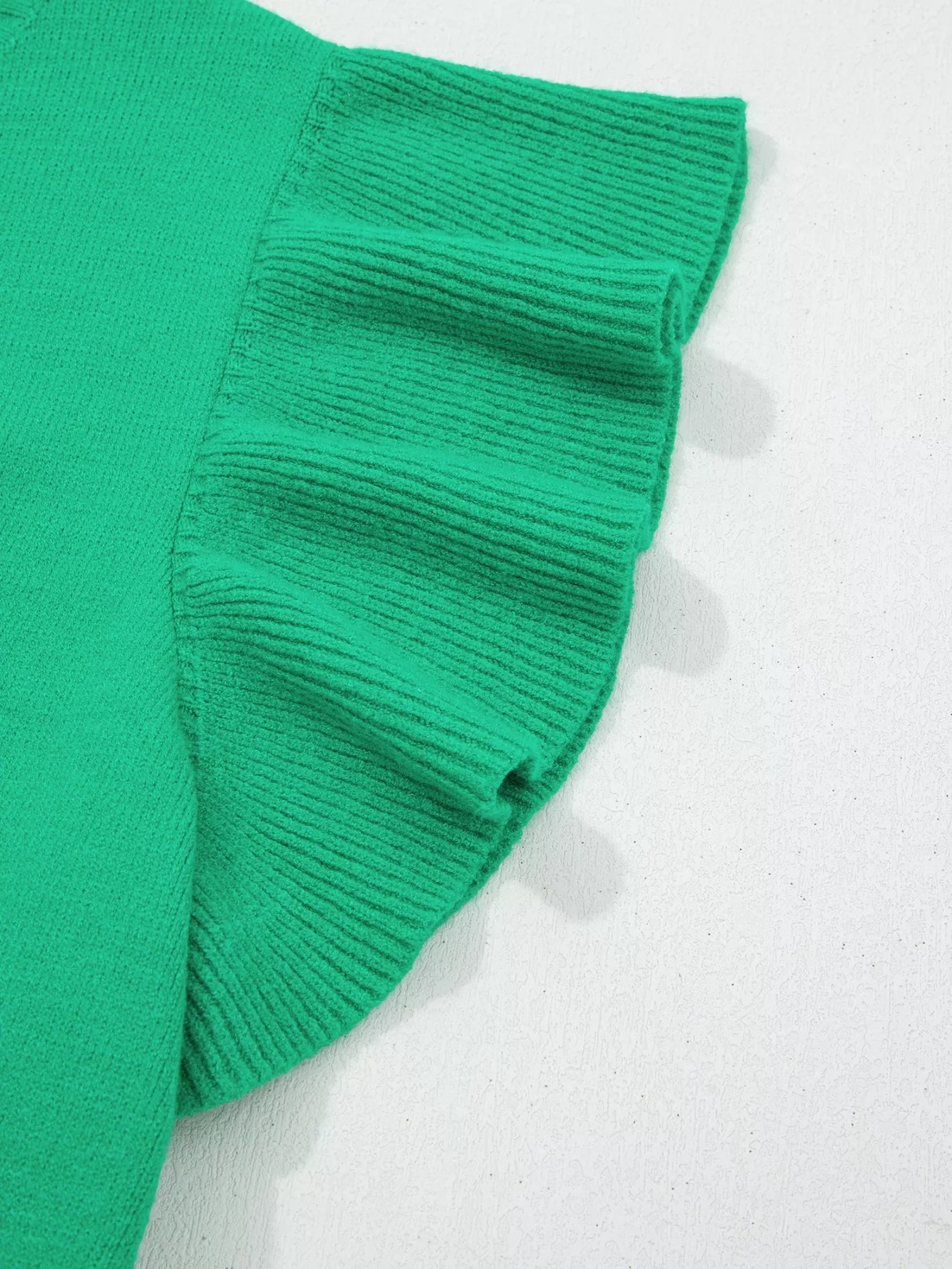 Fitted women sweater solid color ribbed trim ruffle sleeve style 