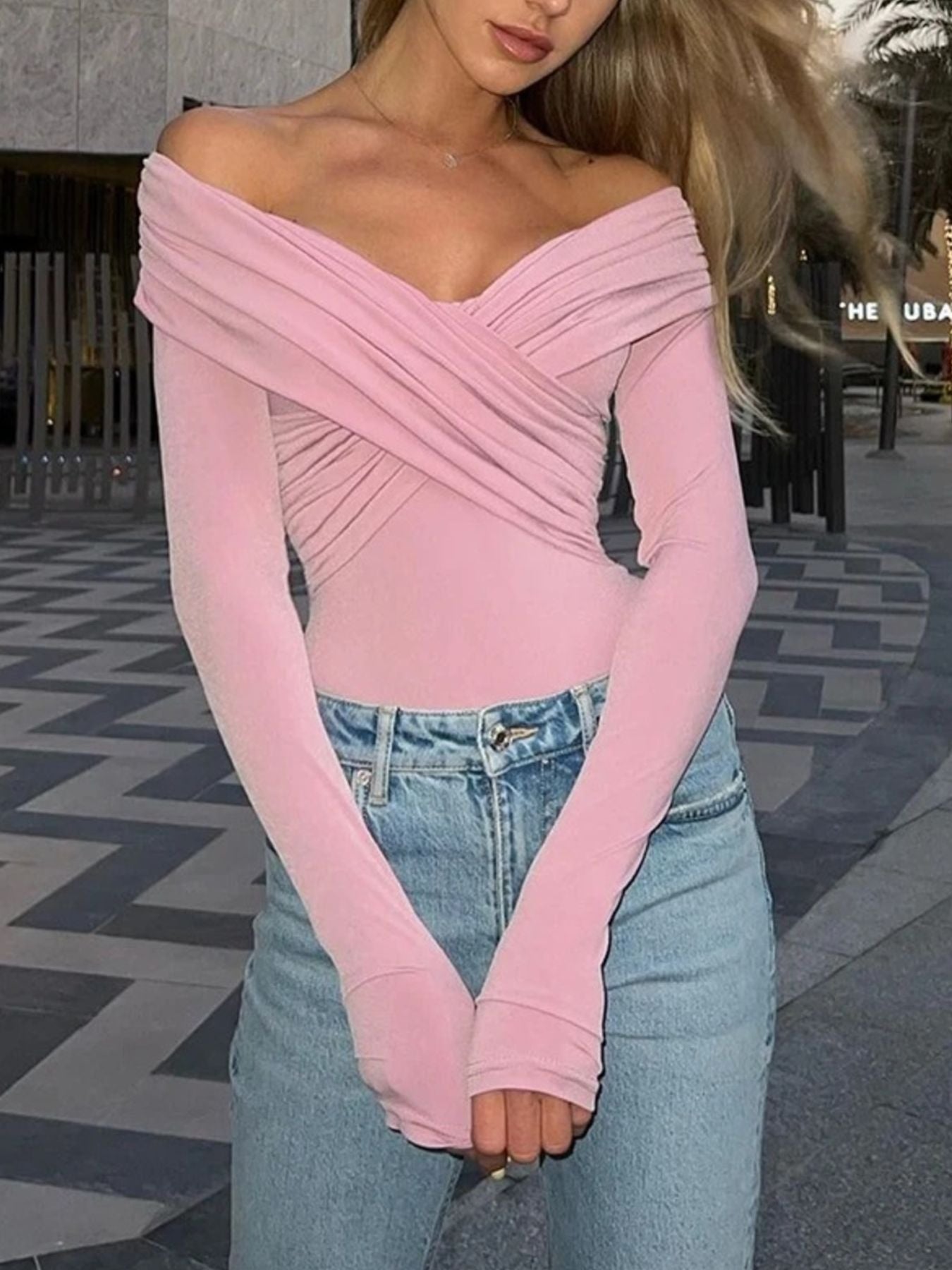 Comfortable women bodysuit ruched long sleeve off-shoulder design