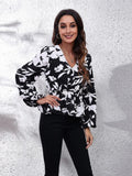 Floral v neck balloon sleeve peplum blouse for women Elluxora