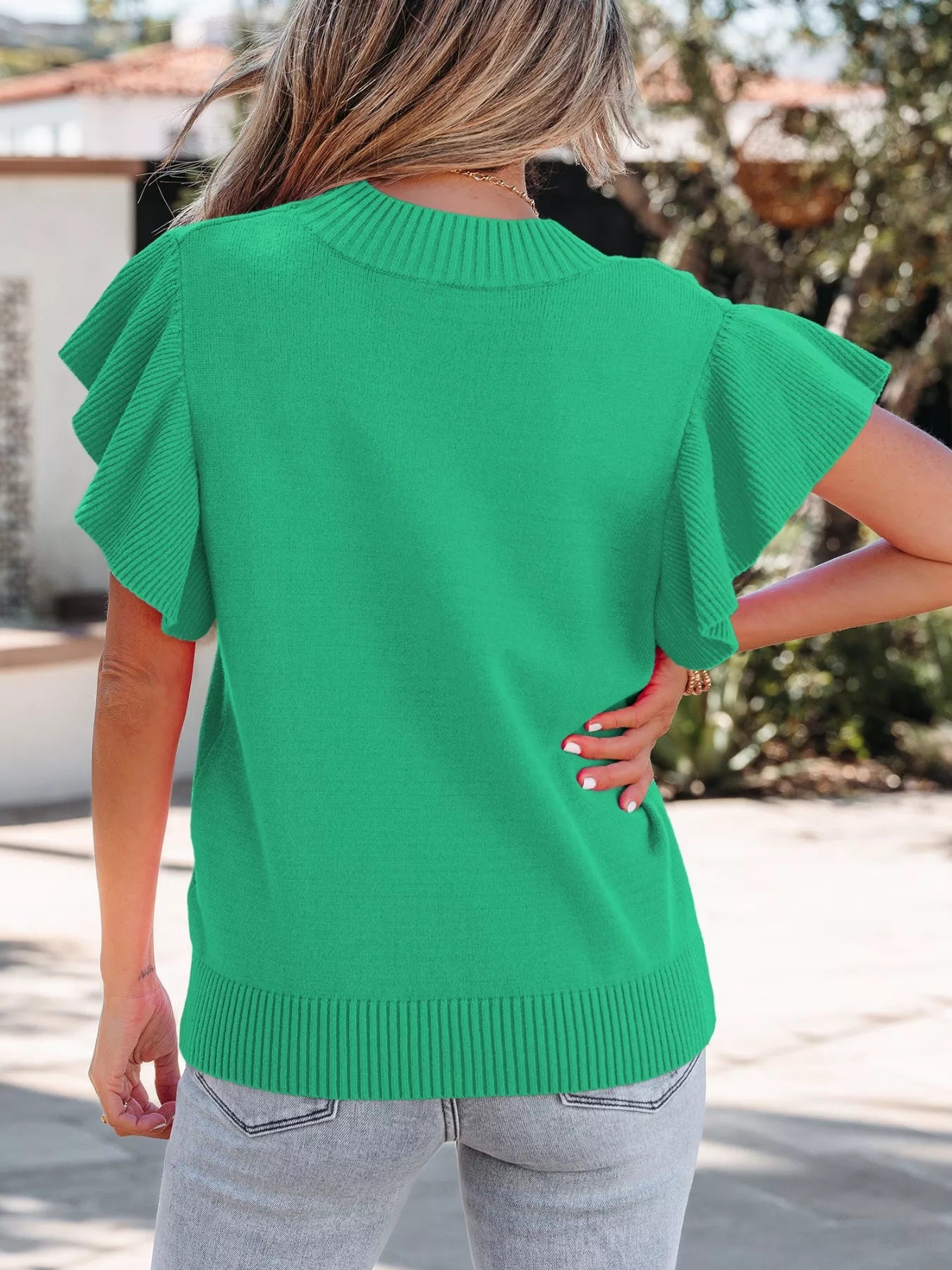 Breathable solid color sweater for women ribbed trim ruffle sleeve 