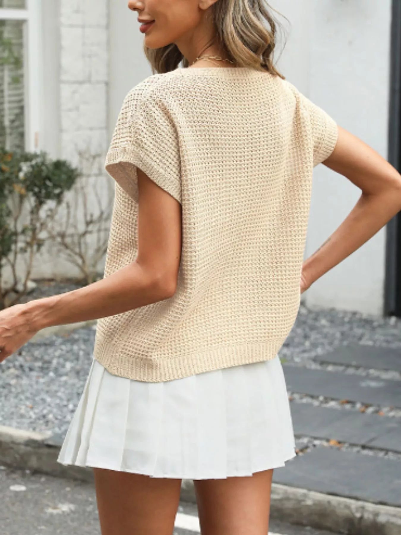Stylish waffle knit top for women round neck viscose lightweight