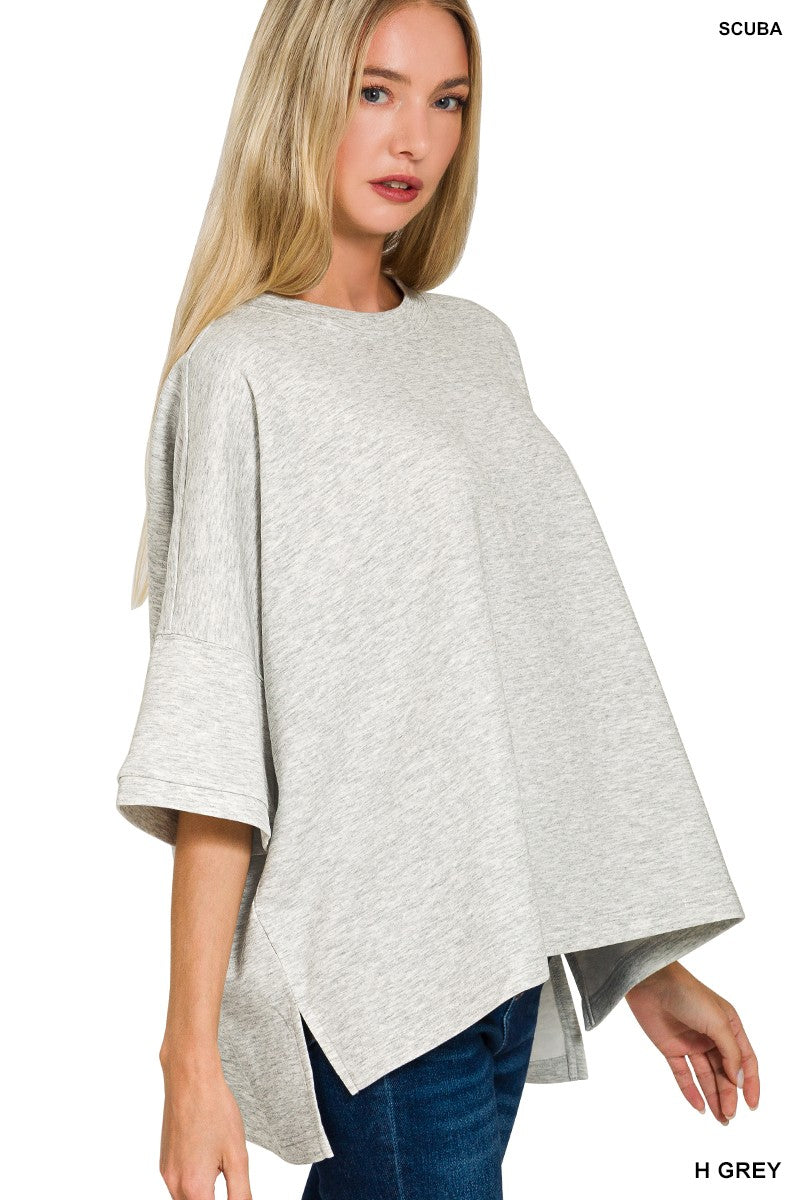 Round neck scuba top women side slits relaxed casual fit