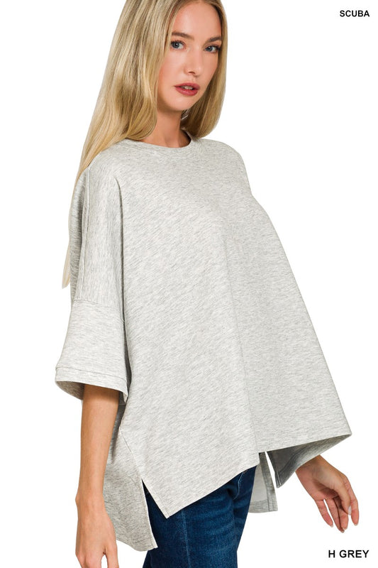 Round neck scuba top women side slits relaxed casual fit