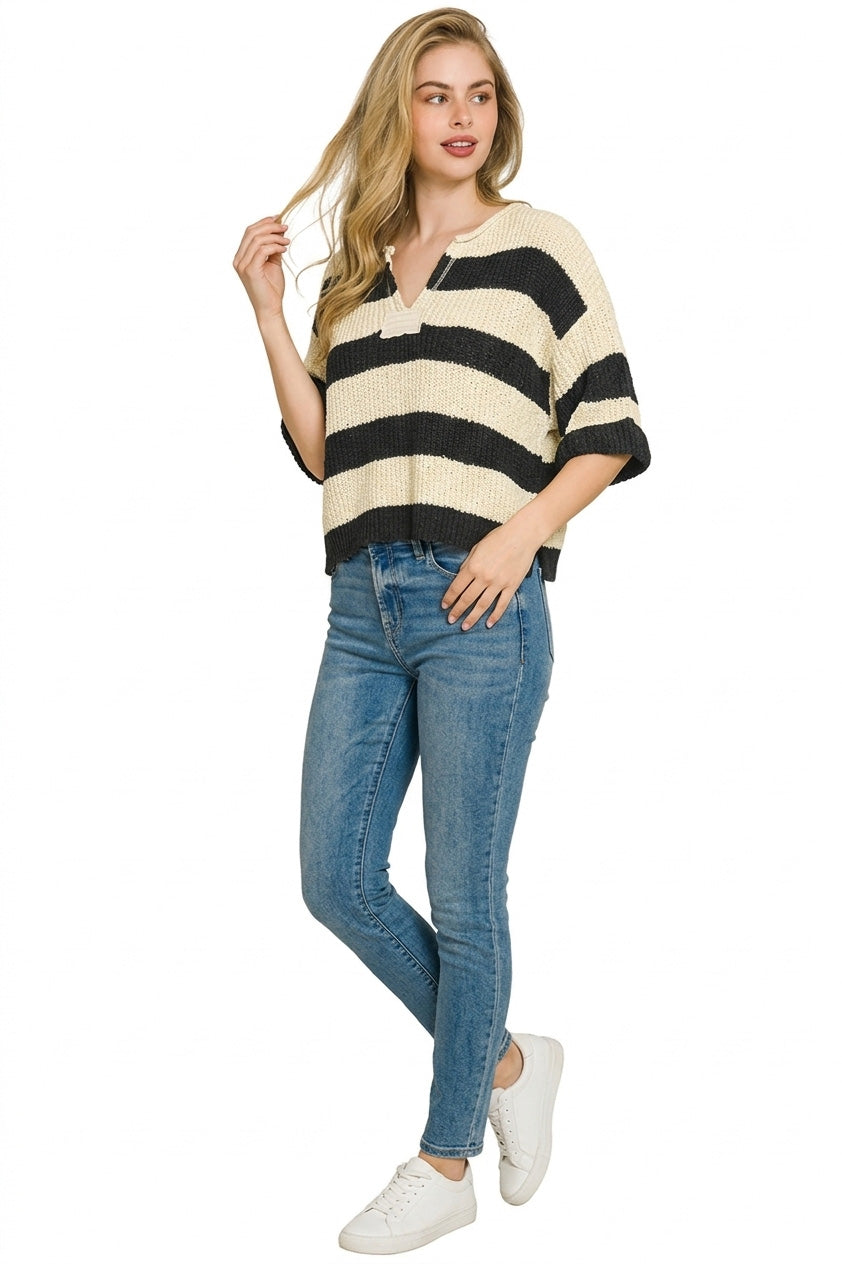 Stylish striped sweater for women split neck lightweight knit top