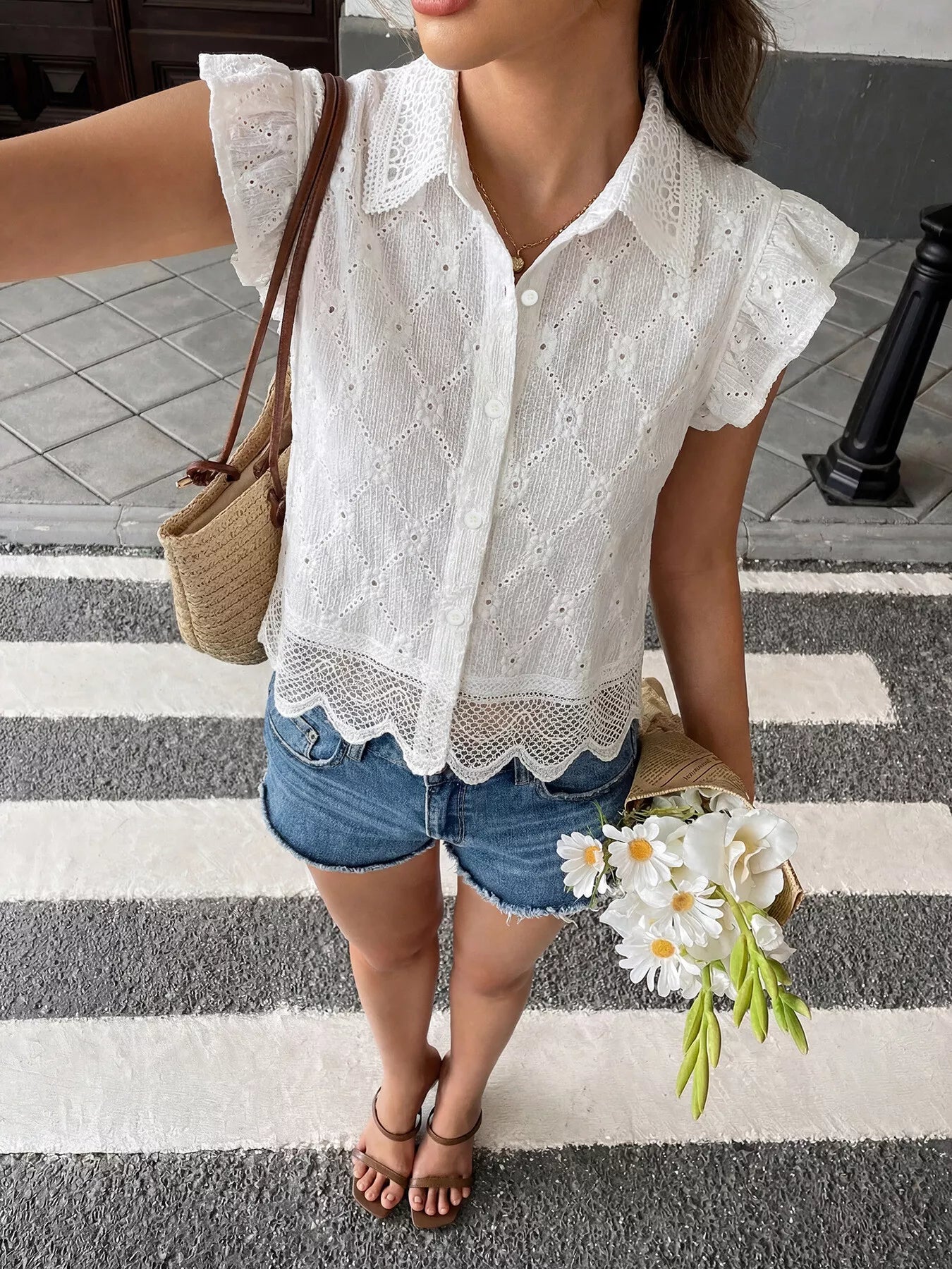 Women lace detail shirt button up ruffle sleeve design