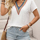 V neck eyelet top women short sleeve lightweight blouse