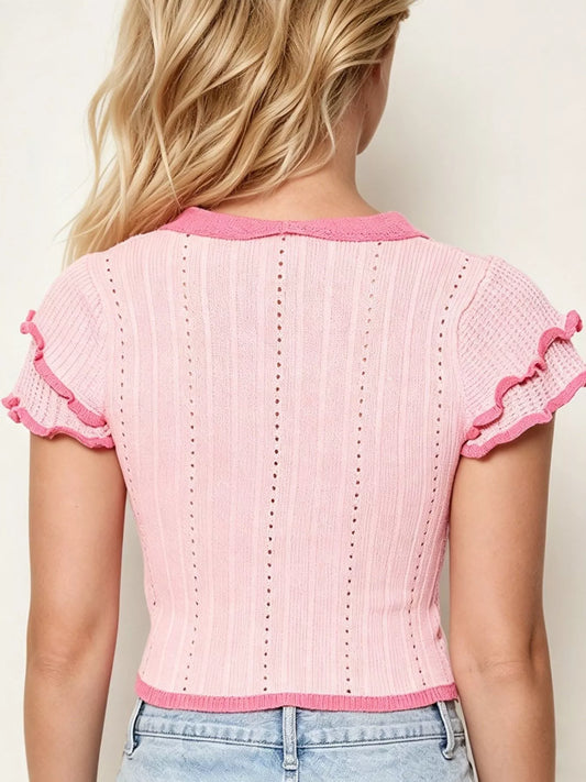 Stylish peter pan collar t shirt women eyelet frill detail