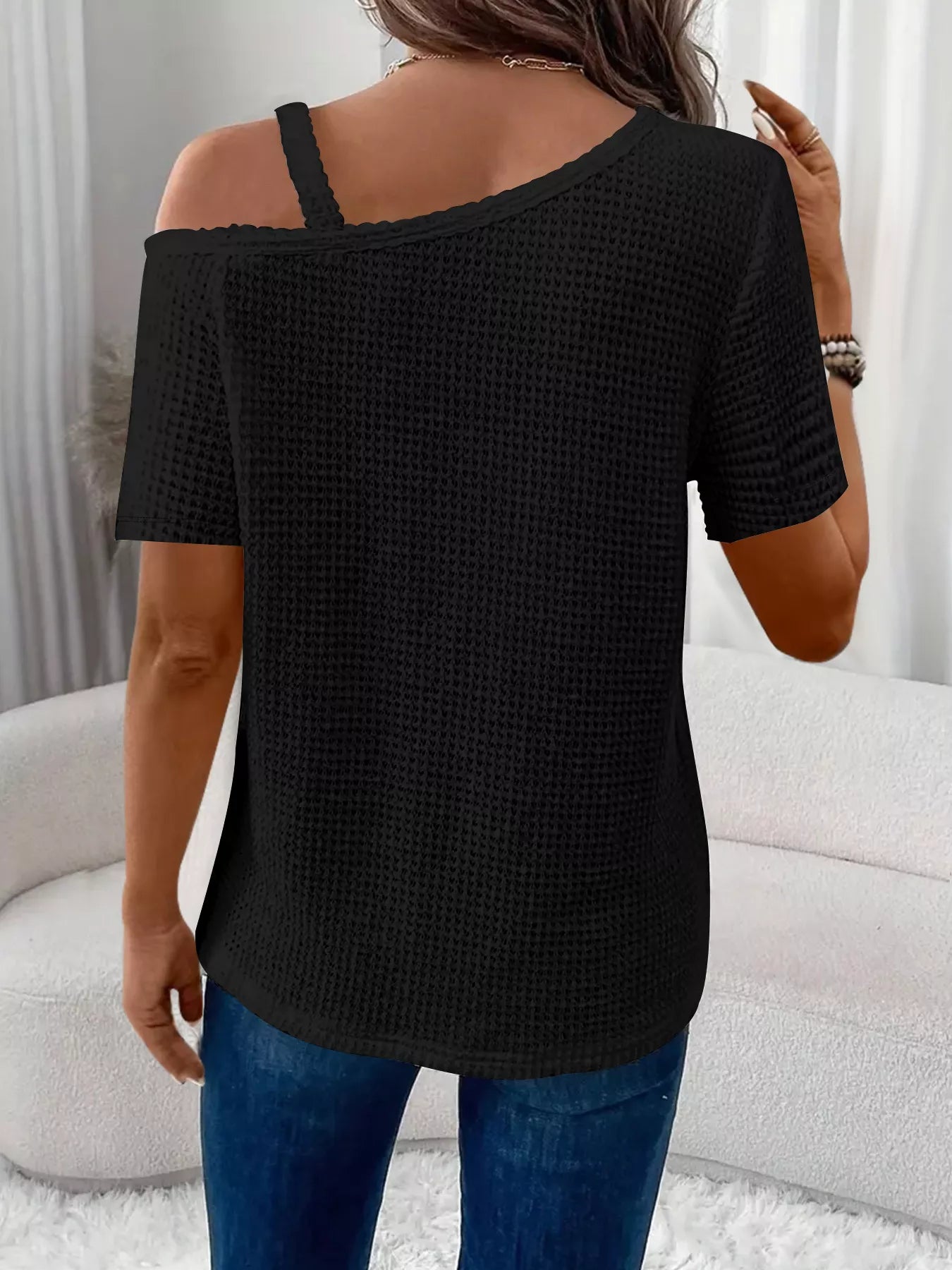 Women minimal waffle knit t shirt one shoulder chain fashion
