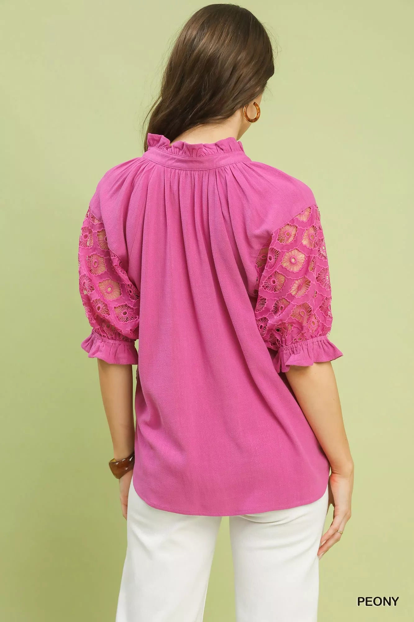 Breathable linen blouse women lace puff sleeve summer outfit