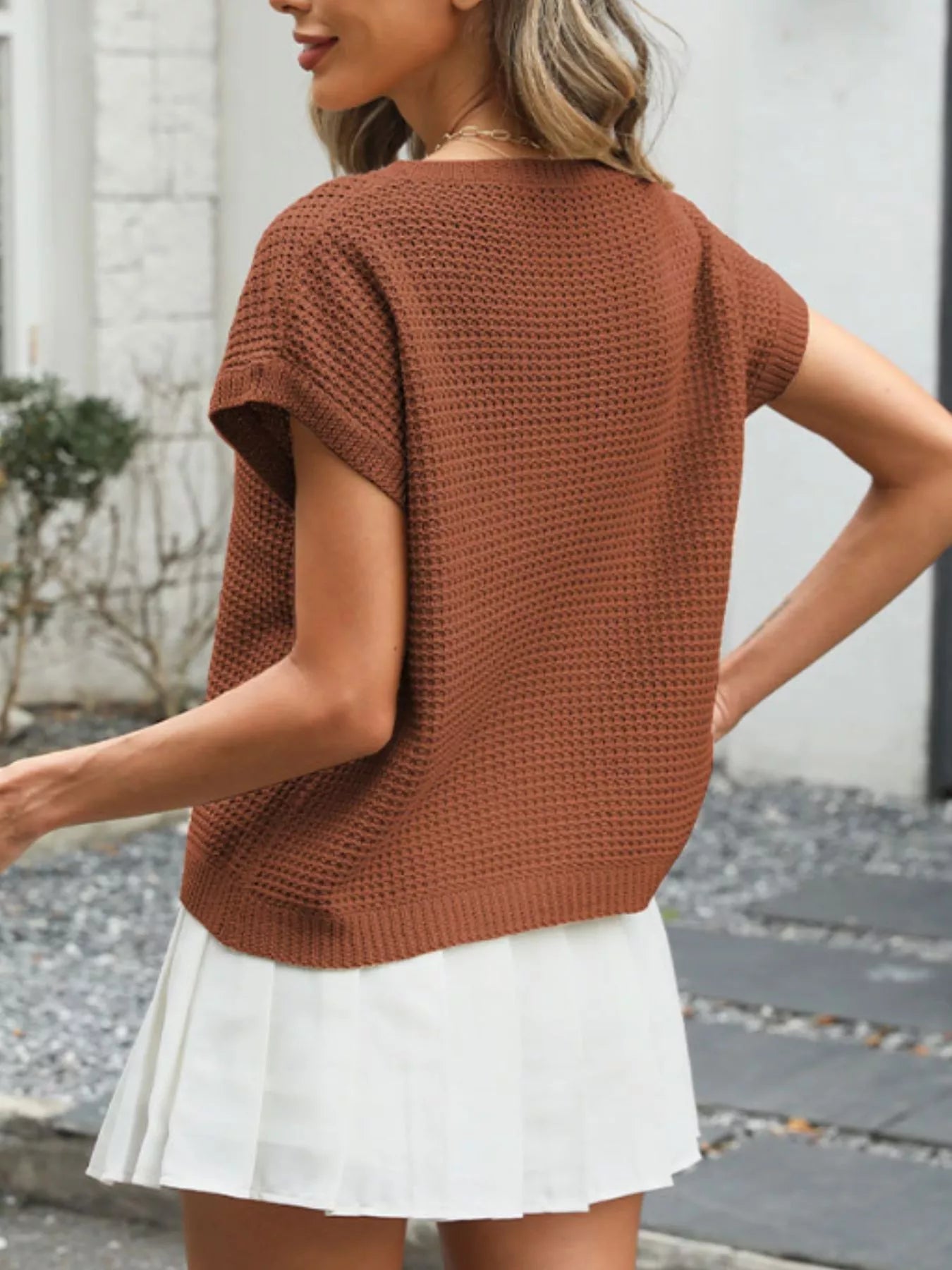 Minimal women waffle knit top round neck lightweight viscose fashion 
