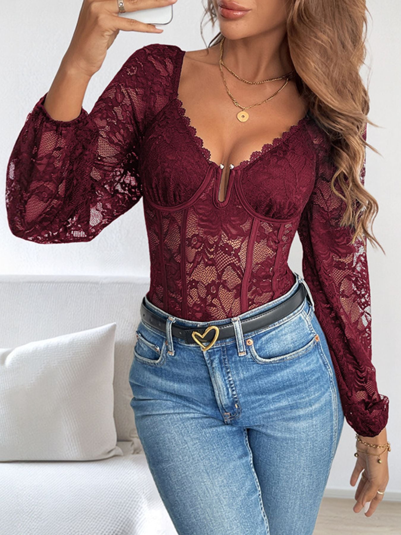 Lace long sleeve bodysuit for women sheer stretch fit Elluxora