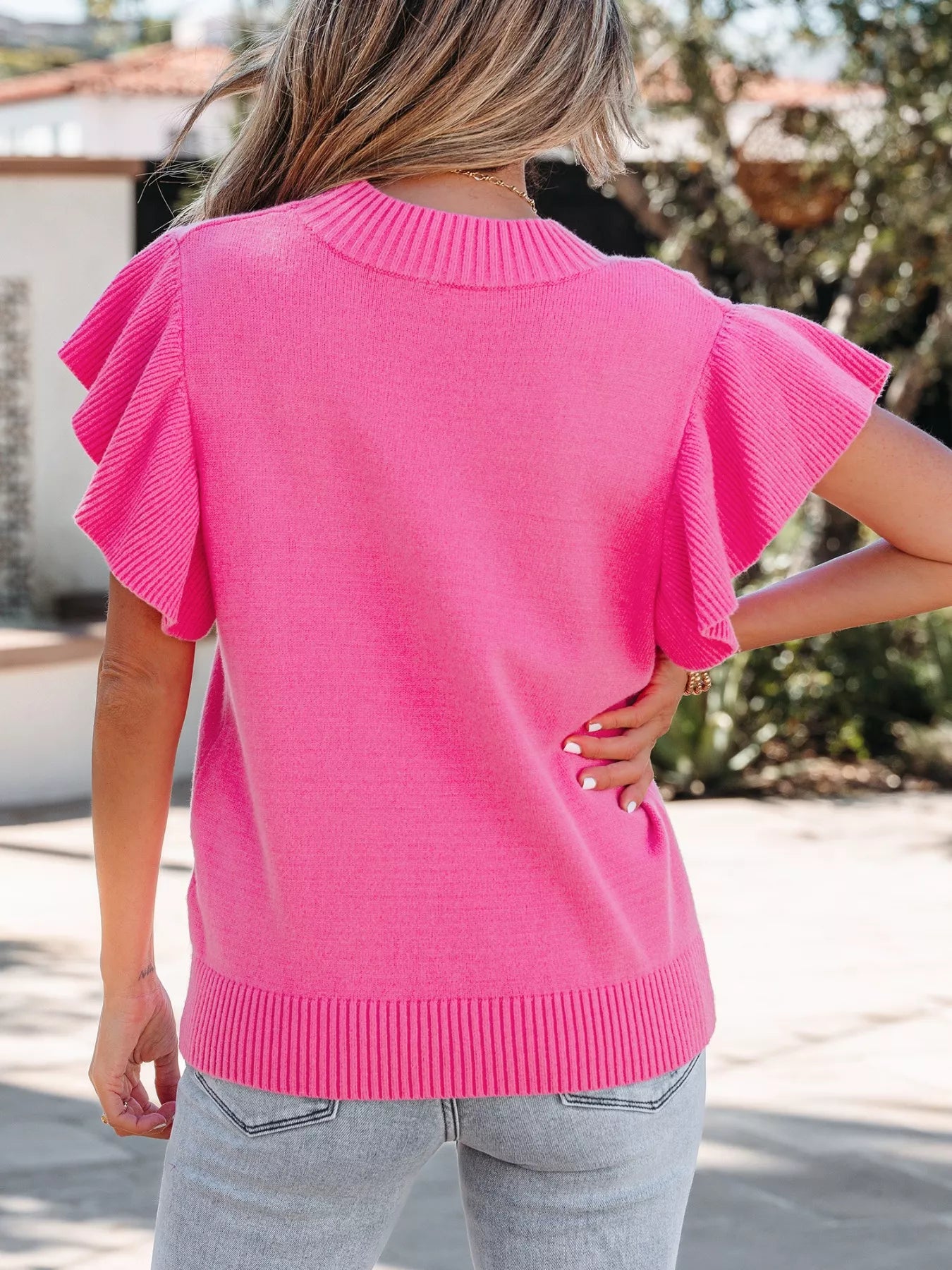 Women soft knit sweater round neck ruffle sleeve Elluxora 