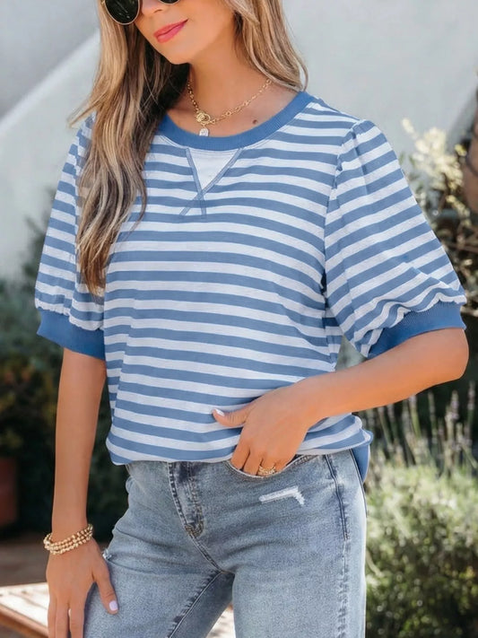 Striped bubble sleeve tee women short sleeve everyday wear