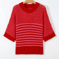 Casual women sweater stripe wavy crochet eyelet half sleeve top
