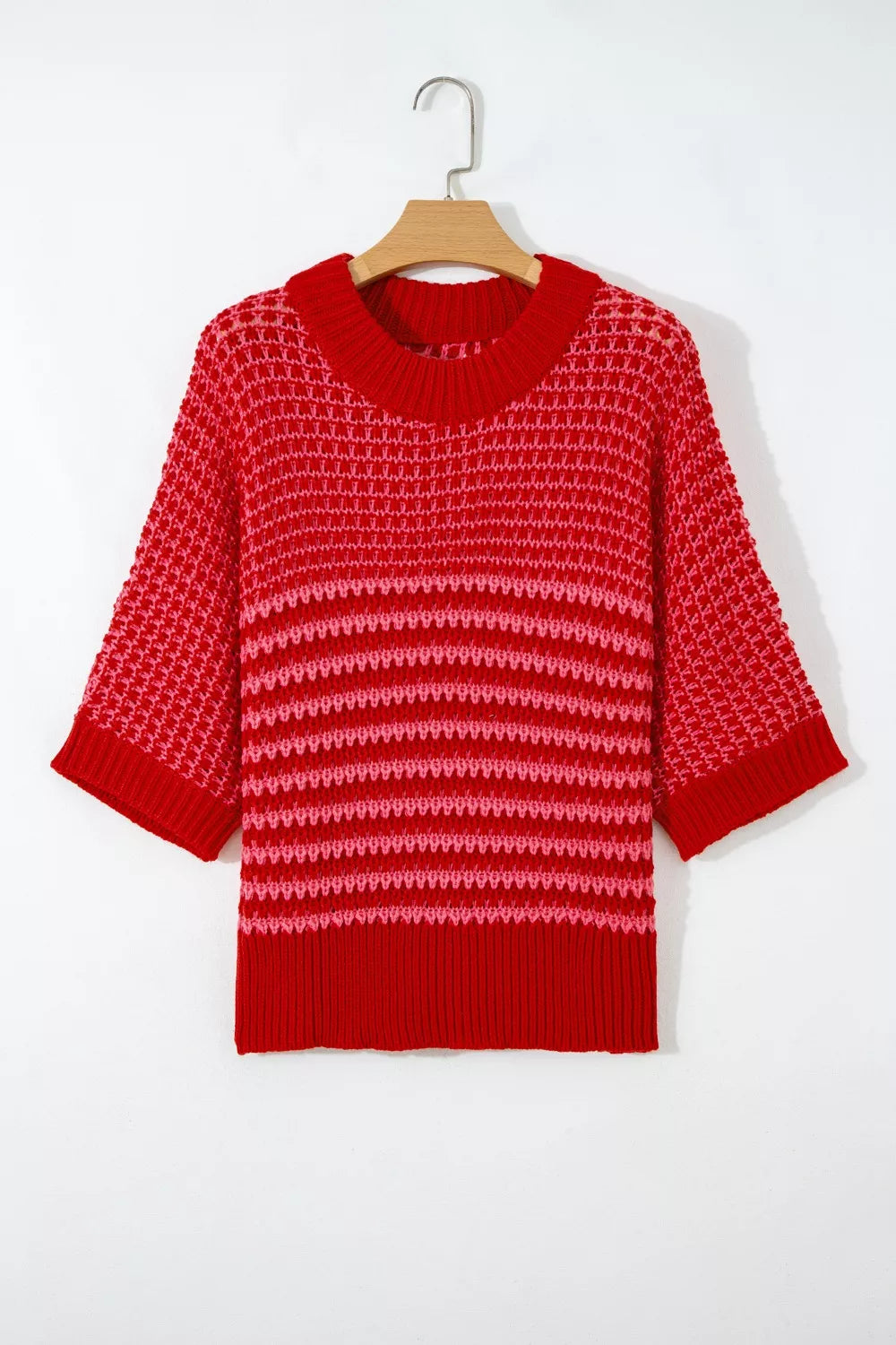 Casual women sweater stripe wavy crochet eyelet half sleeve top