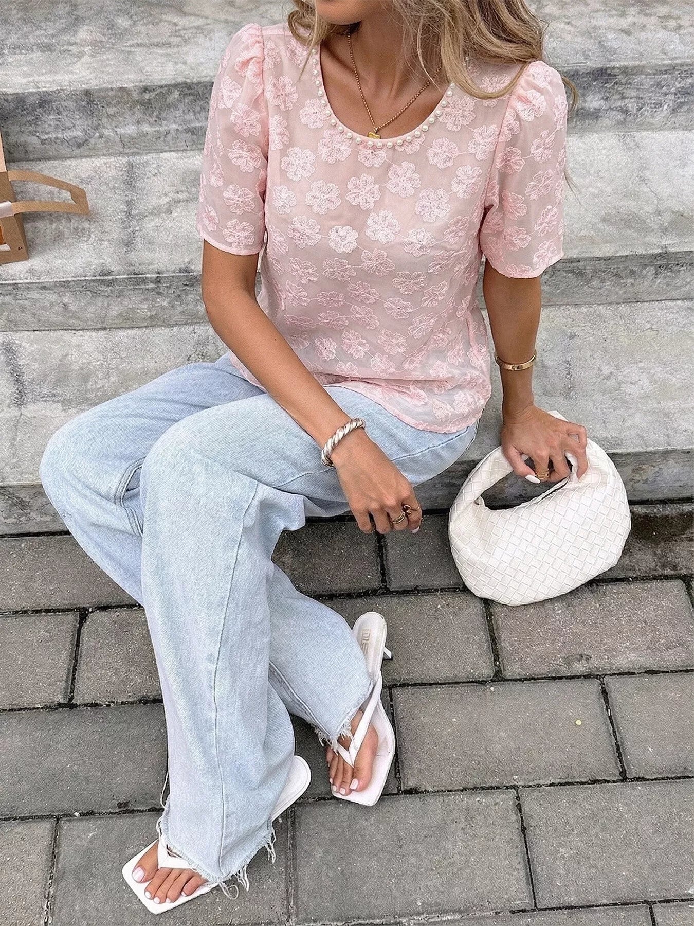 Women soft fabric floral embroidered blouse pearl trim