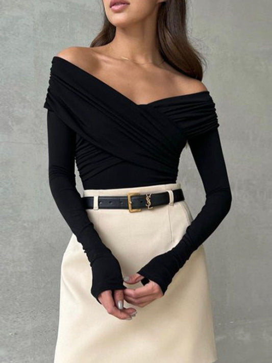 Stylish off-shoulder bodysuit for women ruched long sleeve design
