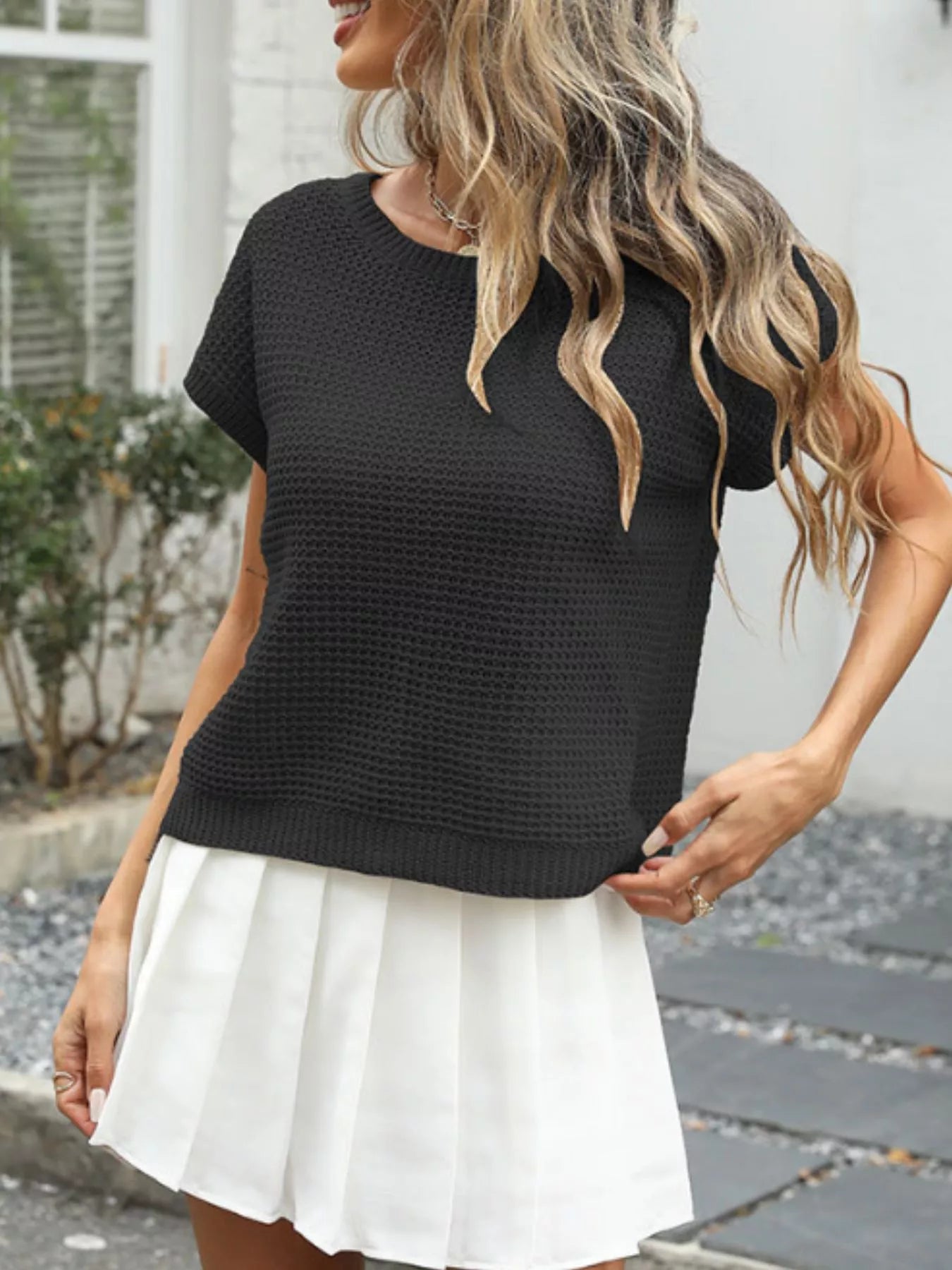 Soft viscose women waffle knit top round neck lightweight design 