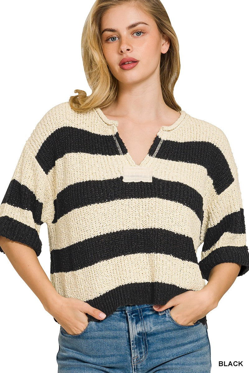 Zenana split neck stripe sweater for women lightweight knit top Elluxora