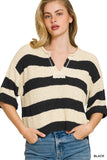 Zenana split neck stripe sweater for women lightweight knit top Elluxora