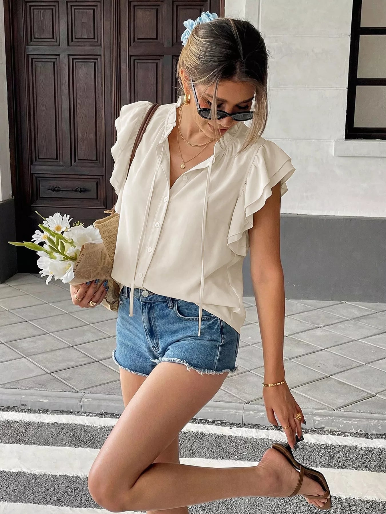 Tie neck blouse women ruffle sleeve bow detail shirt Elluxora