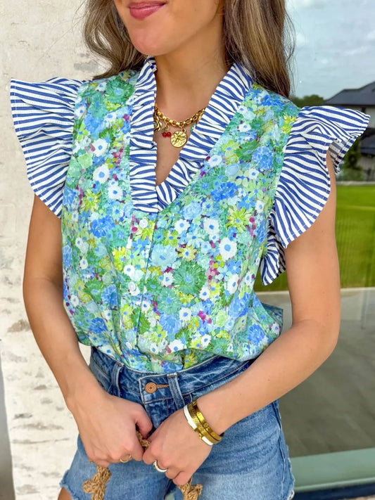 Stylish floral painting print blouse for women flutter sleeve patchwork