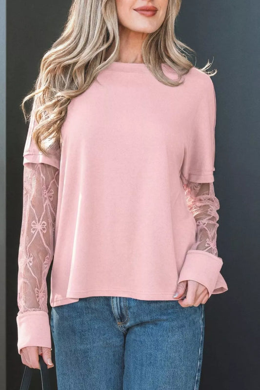 Solid color bow textured patchwork long sleeve tee for women Elluxora