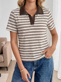 Striped polo collar short sleeve top for women Elluxora
