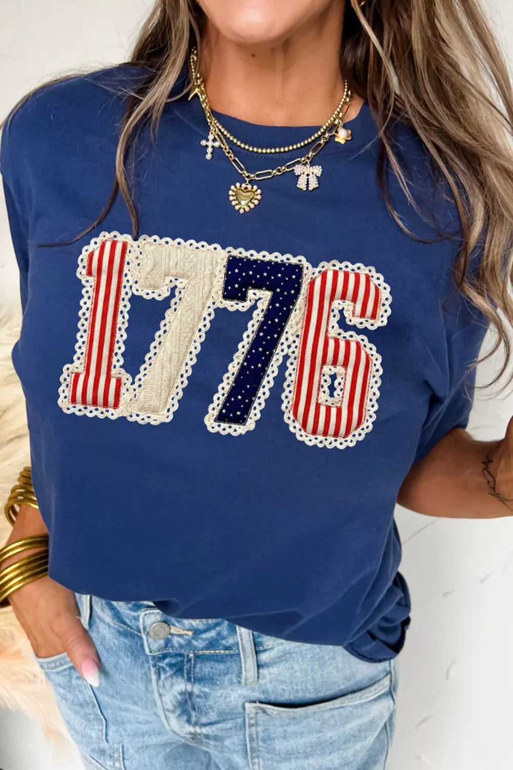 Trendy women graphic tee 1776 round neck patriotic style