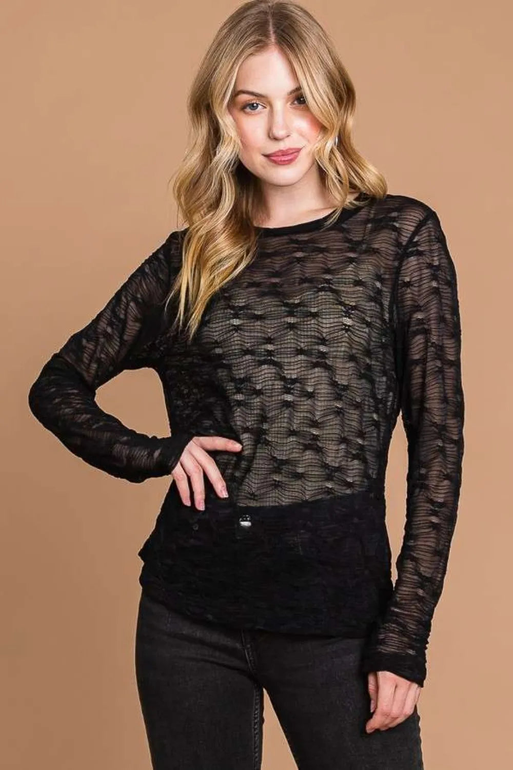 Sheer mesh blouse women transparent style full size top