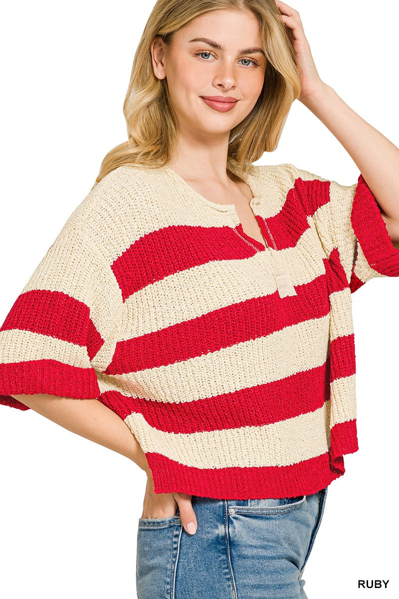 Women Zenana stripe sweater split neck casual knit top Elluxora